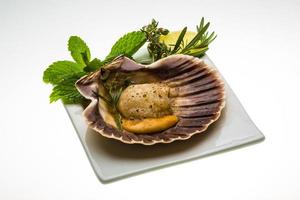 Scallop with asparagus, lime, mint and rosemary photo