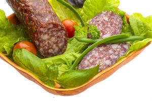 Ripe salami with salad, basil, onion and tomato photo