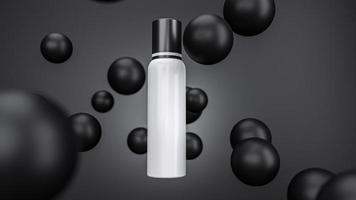 White silver cosmetic spray bottle black balls sphere isolated background Realistic cosmetic mockup. Packages for product. Blank templates of containers bottle for shower gel 3d illustration photo