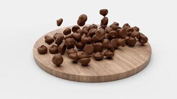 chispas de chocolate cayendo sobre una bandeja redonda de madera ilustración 3d foto