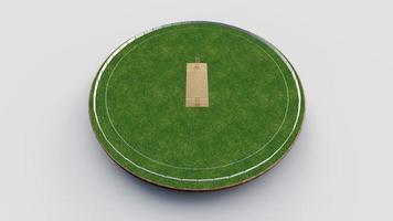 vista superior del estadio de cricket en campo de cricket o campo de juego de deportes de pelota, estadio de césped o arena circular para series de cricket, césped verde o terreno para bateador, jugador de bolos. ilustración 3d de campo foto