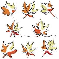 conjunto de ilustración continua de una línea de hoja de árbol de otoño vector
