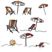 set of summer beach chair and umbrella object in one line continuous illustration drawing vector