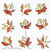 set of continuous one line illustration of autumn tree leaf vector