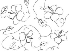 Exotic hibiscus flower in one line drawing in seamless pattern background design vector