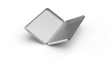 caja de lápices plateada rectangular en el aire volando en una caja blanca de papelería inoxidable en blanco o ilustración 3d aislada foto