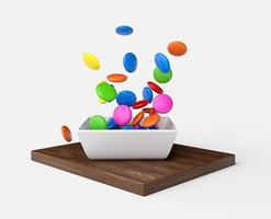 Colorful candies in rainbow colors Falling on white porcelain bowl and wooden board 3d illustration photo