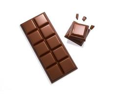 Ilustración 3d de deliciosas piezas de chocolate y barra sobre fondo blanco. foto