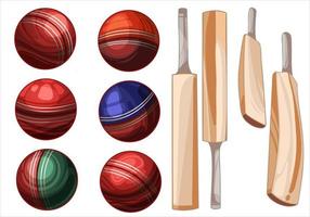 Set of hand drawn sport items Cricket balls different colours and bats
