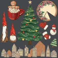Christmas set of cozy items christmas tree cookies pie and hot drink Premium Vector