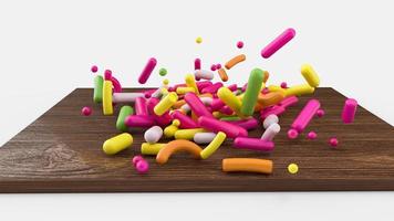 Colorful Sprinkles Falling on white porcelain bowl and wooden board 3d illustration photo