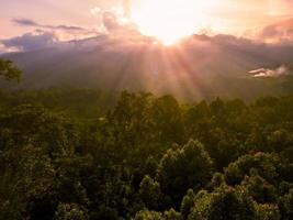 Sunrise over forest with sunburst and mountain