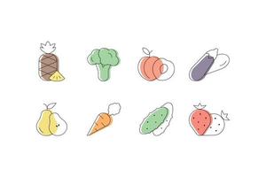Flat stylish multicolor vegetables and fruits icons set