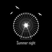 ilustración de verano con siluetas blancas de una rueda de transbordadores y gaviotas en el fondo negro vector