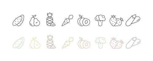 Flat stylish multicolor and black vegetables and fruits icons set