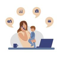 mujer multitarea con el bebé en sus manos hablando por teléfono vector
