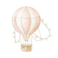 Watercolor pink Air Balloon with basket and pennants. Hand painted vector illustration for Children design in Cartoon style. Vintage Aircraft with hot air for icon or logo