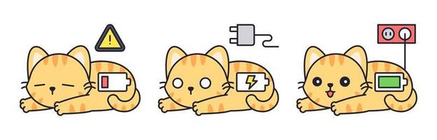 Orange tabby cat with battery charging icon set vector