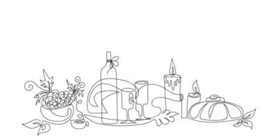 Thanksgiving holiday table drawn one line. Festive sketch. Doodle. Continuous line drawing art. Vector illustration in minimal style.