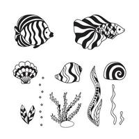 Doodle set of the underwater world with fish. Outline of shells and algae in black and white. vector