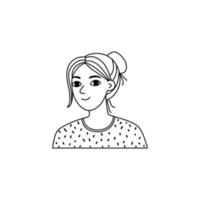 Portrait of girl on white background in doodle style, sketch, outline. The young woman smiles. vector