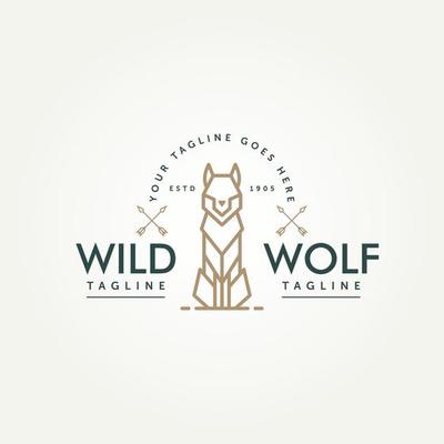 wild wolf simple line art logo icon template vector illustration design. wolf monoline outline with cross spear symbol logo concept