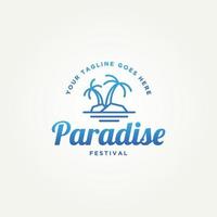 paradise beach island simple line art badge logo template vector illustration design. minimalist beach island with pine tree logo concept