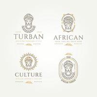 set of african woman fashion culture line art logo. african woman with turban and ethnic round tribal symbol line art badge logo template vector illustration design