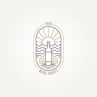 wine party simple line art badge logo template vector illustration design. wine bottle with clam shell in the beach or ocean view minimalist emblem logo concept