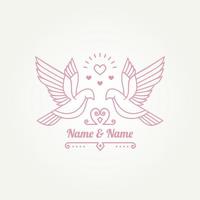 un par de palomas de pájaro blanco con diseño de ilustración vectorial de plantilla de logotipo simple de arte de línea de corazón brillante. boda, matrimonio, concepto de logotipo romántico vector