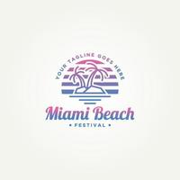 miami beach island diseño de ilustración vectorial de plantilla de logotipo de insignia de arte de línea simple. isla de playa minimalista con pino miami concepto de logotipo estilo neón retro vector