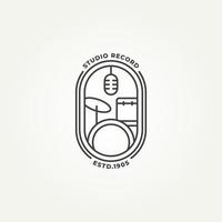 minimalist studio record badge line art icon logo template vector illustration design. simple music studio with mic and drum kit tool emblem logo concept