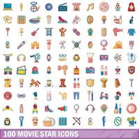 100 movie star icons set, cartoon style vector