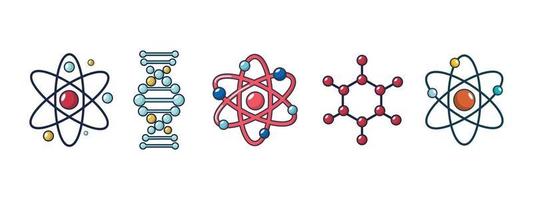 Molecule and atom icon set, cartoon style