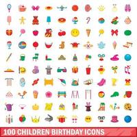 100 children birthday icons set, cartoon style