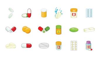 Pills icon set, cartoon style vector