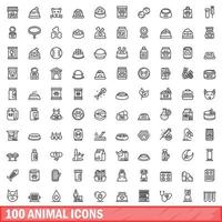 100 animal icons set, outline style vector