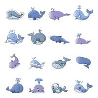 Whale blue tale fish icons set, cartoon style
