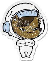 distressed sticker of a cartoon astronaut woman vector