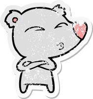 distressed sticker of a cartoon whistling bear vector