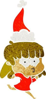 retro cartoon of a whistling girl wearing santa hat