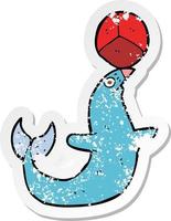 retro distressed sticker of a cartoon performing seal vector