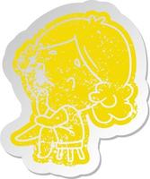 distressed old sticker of a cute kawaii lady vector