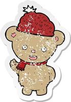 retro distressed sticker of a cartoon bear in hat vector