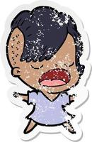 distressed sticker of a cartoon cool hipster girl talking vector