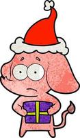 textured cartoon of a unsure elephant with christmas present wearing santa hat vector