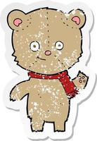 retro distressed sticker of a cartoon teddy bear waving vector