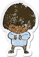 retro distressed sticker of a cartoon shy boy vector