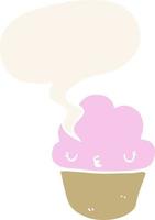 cartoon cupcake and face and speech bubble in retro style vector