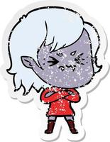 distressed sticker of a annoyed cartoon vampire girl vector